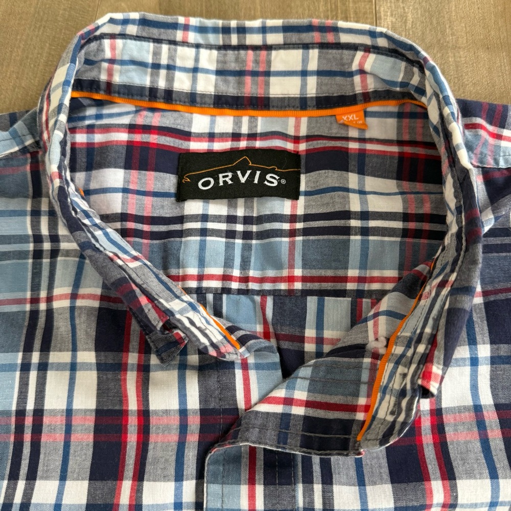 Orvis Button Up Shirt Men XXL Check Plaid Blue Red White Pocket - Picture 2 of 9